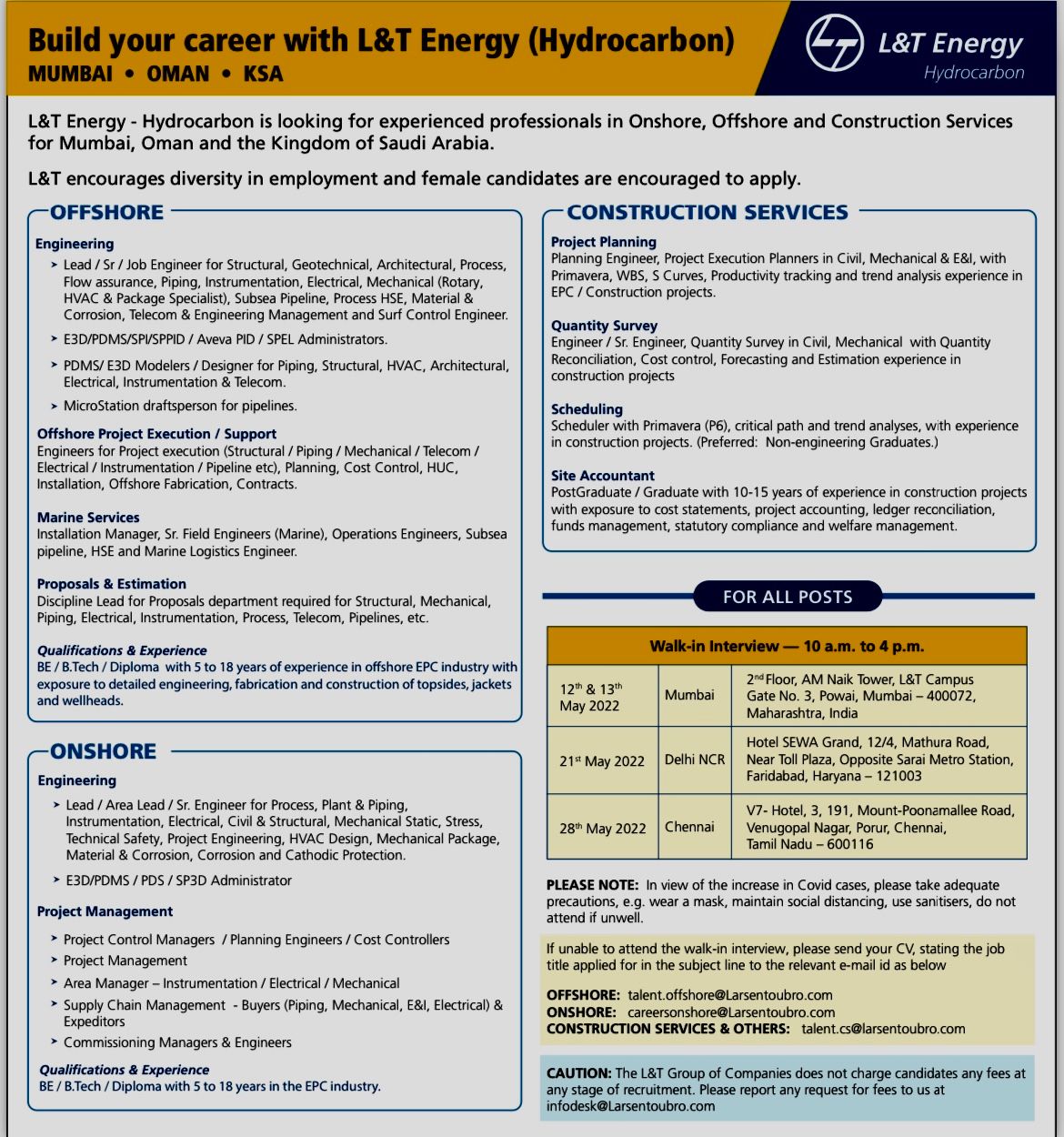 larsen toubro walk in