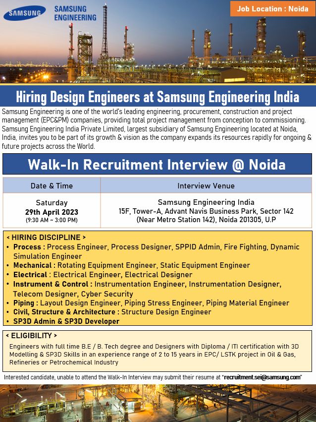 Walk-in Interview Drive in Samsung Engineering India | 29th April 2023 | Noida